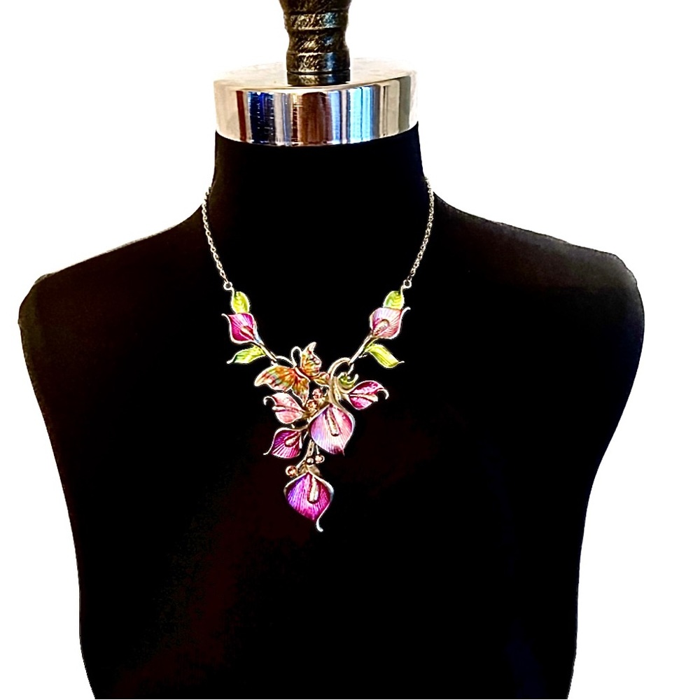 Painted metal Lilly necklace with painted butterfly detail silver colored chain